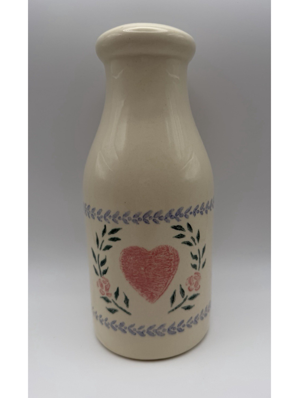 Vintage 80’s Cottagecore Blue Pink Heart Stone Milk Bottle Santa Ana Crock Shop